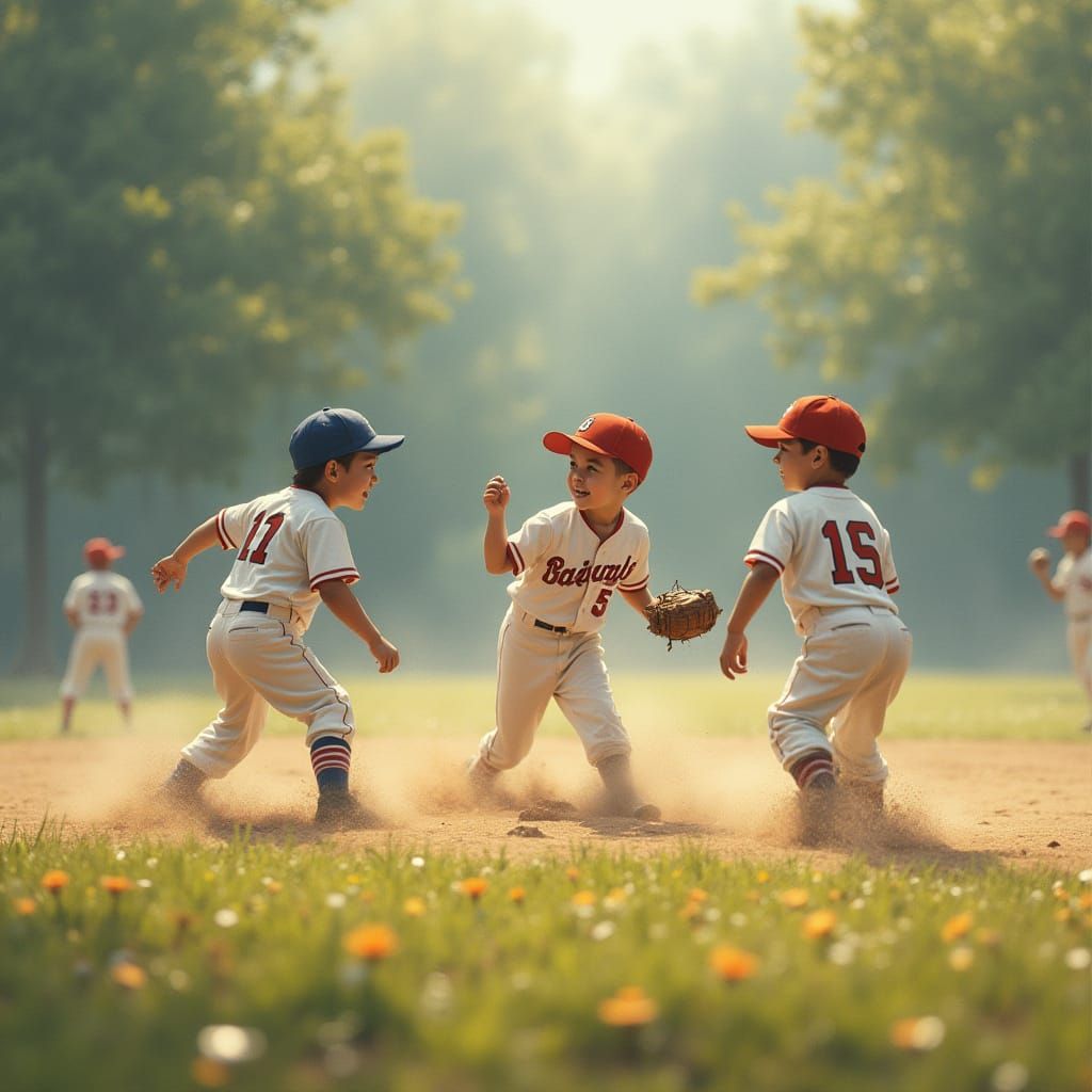 Boys Playing Baseball in Kawaii Fantasy Landscape