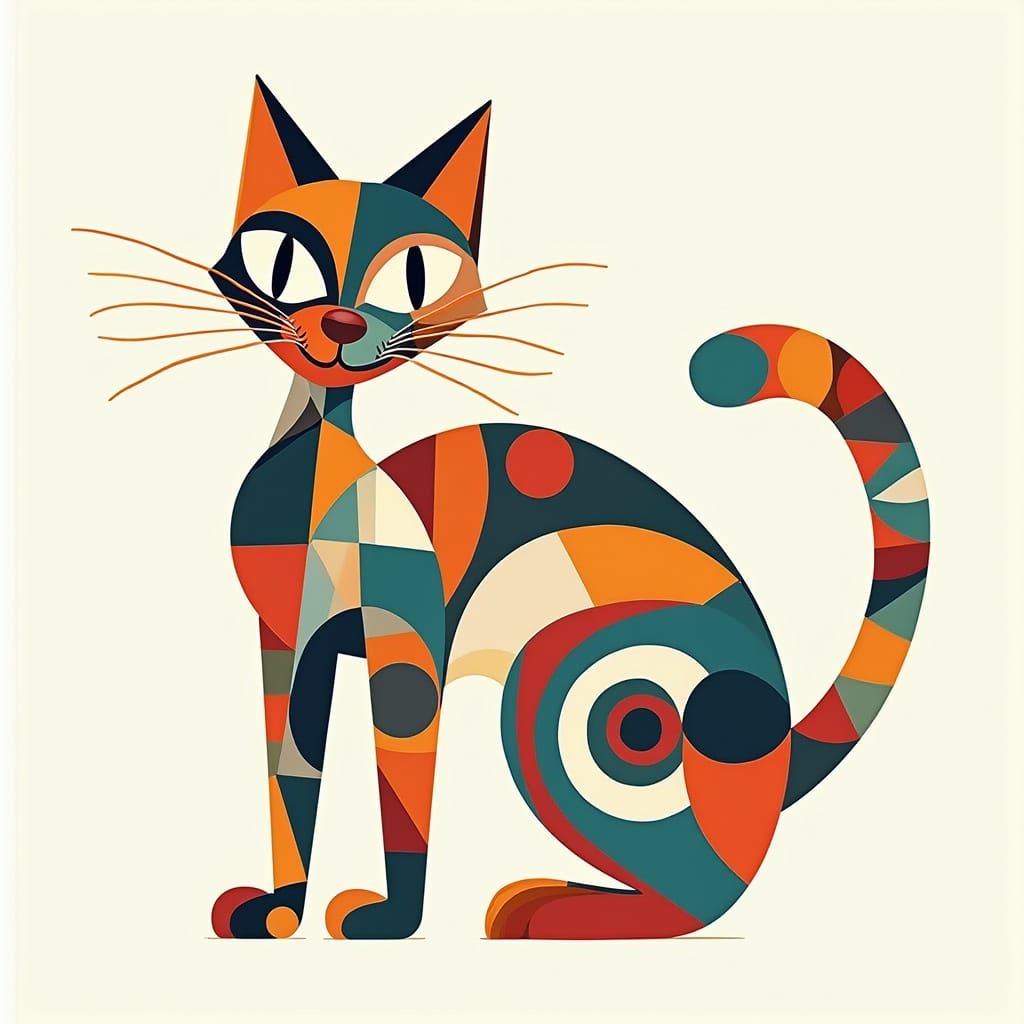 Whimsical Geometric Cat in Modernist Style