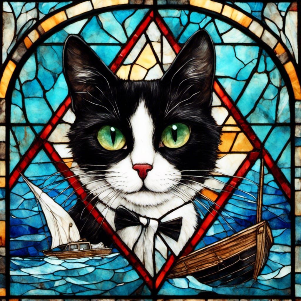 Crystal Tuxedo Cat Piloting Stained Glass Boat
