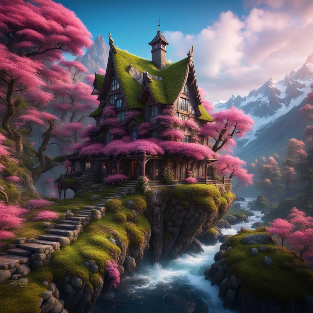 Fantasy Mountain House with Moss and Flowers