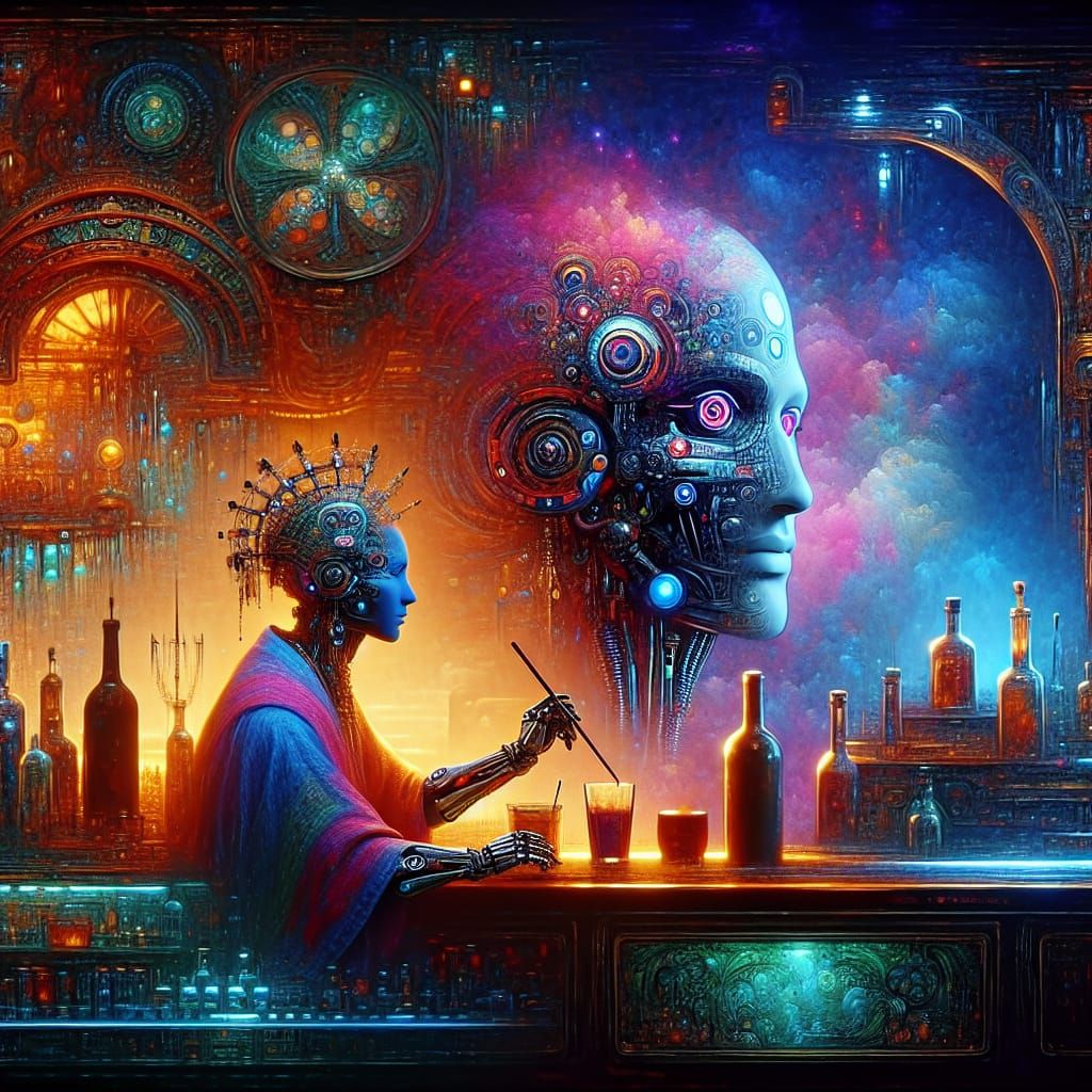 Cyborg Bartender in Matte Painting Style