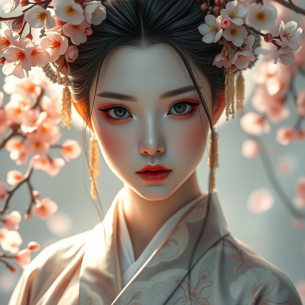 Ethereal Chinese Woman in Traditional Kimono, Cherry Blossom...
