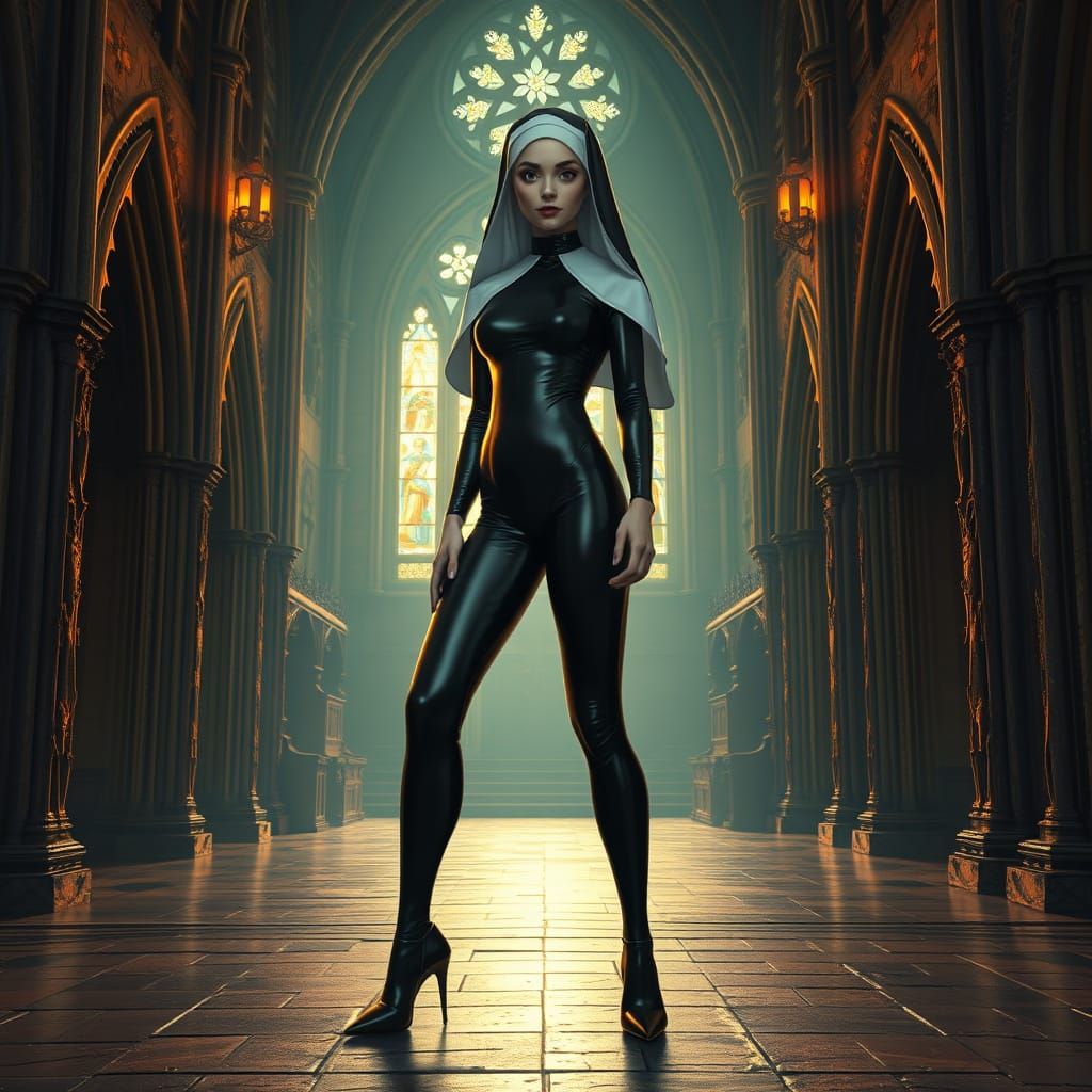 Gothic Nun in Skintight Black Latex Bodysuit, Assertive Agai...
