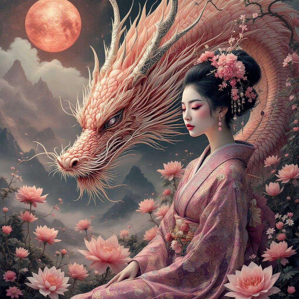 Surrealist Geisha Contemplates Mystic Dragon in Monochromati...