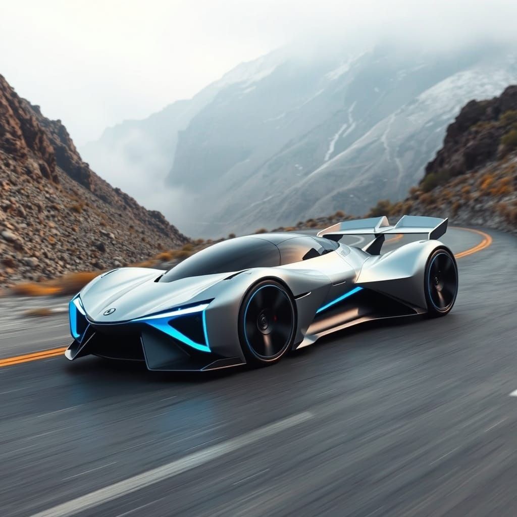 Sleek Infinity Design Car Speeds Down Mountain Road in Cyber...