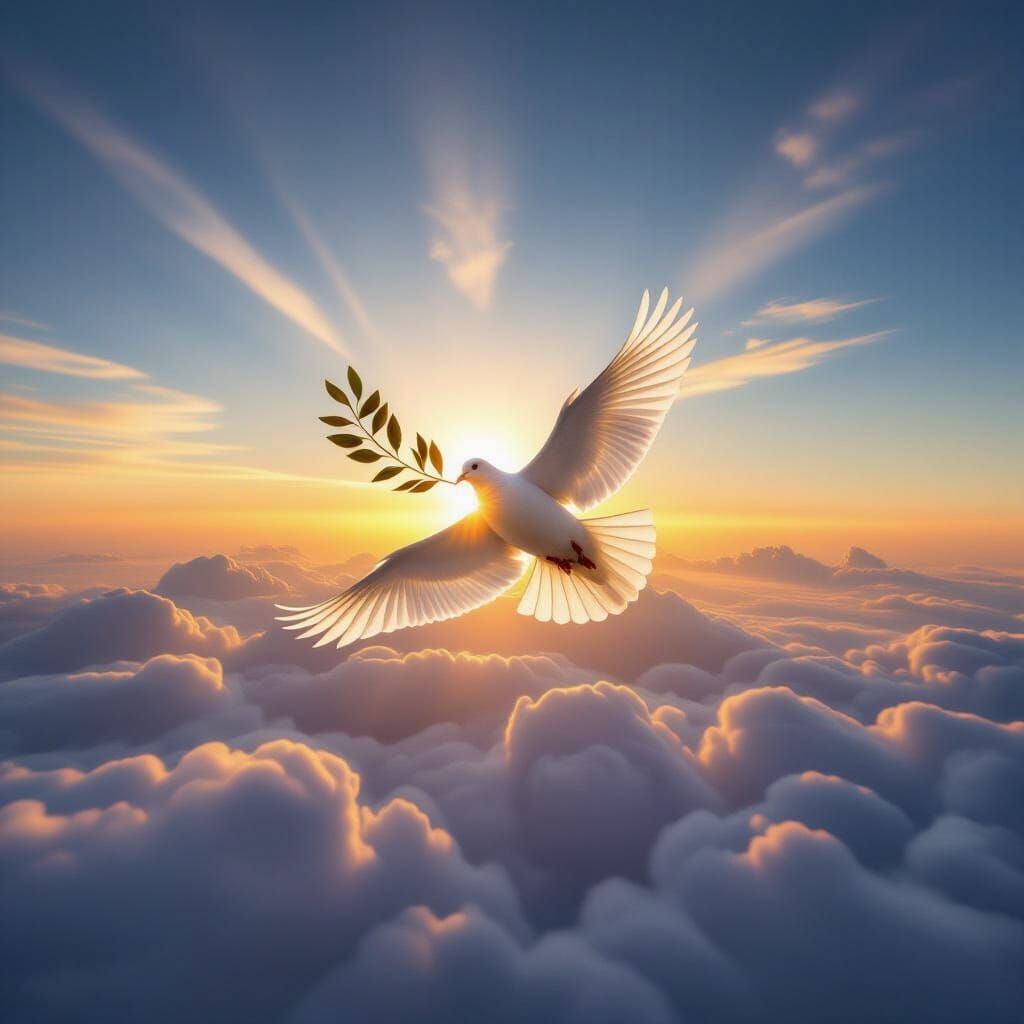 Dove with Olive Branch Flies Through Sunrise Clouds