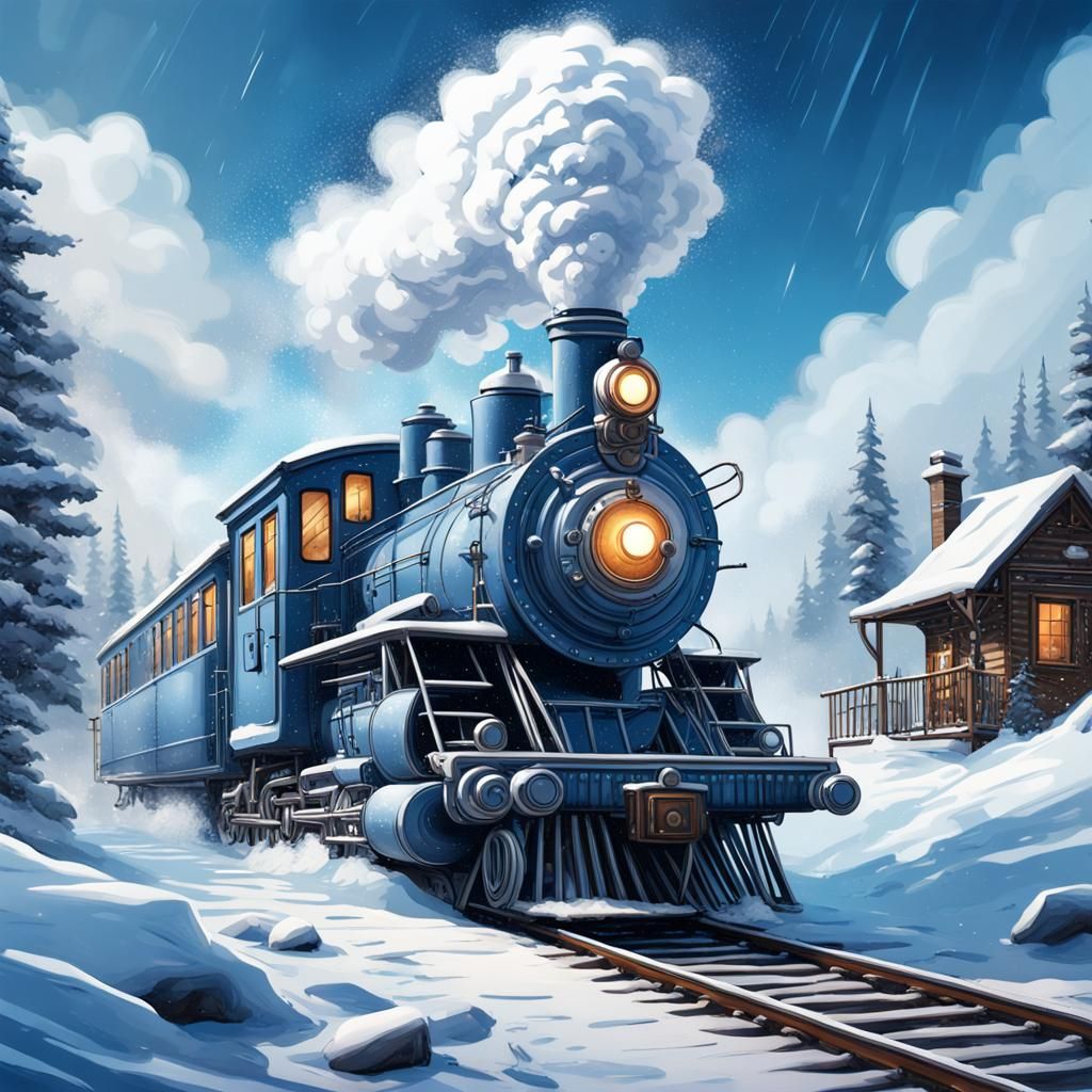 Steampunk Train in Winter Cabin: Hyperrealistic Scene