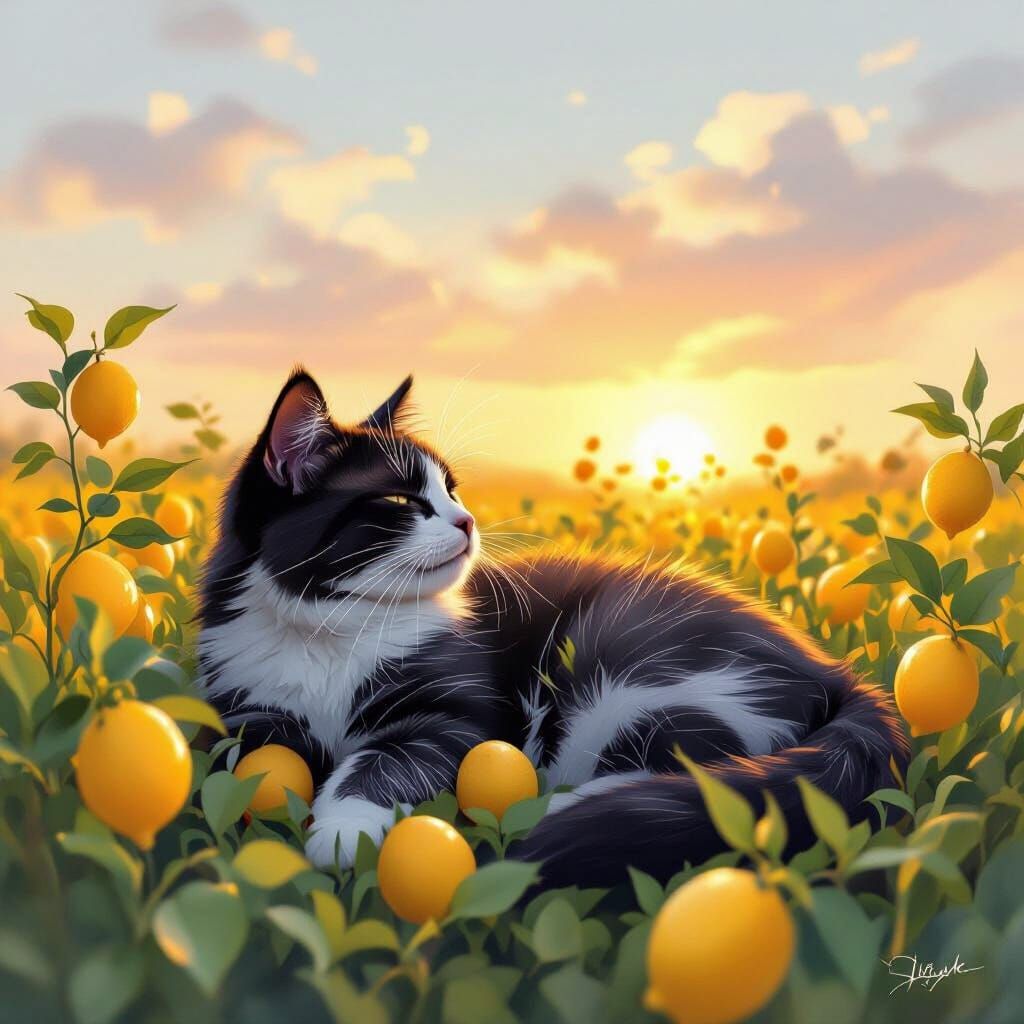 Cat Relaxing in Lemon Field: Watercolor Dreamscape