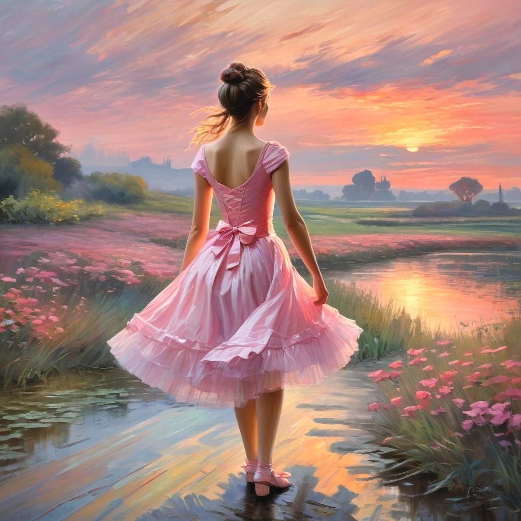 Ballerina in Pink Dress: Claude Monet Style Sunset