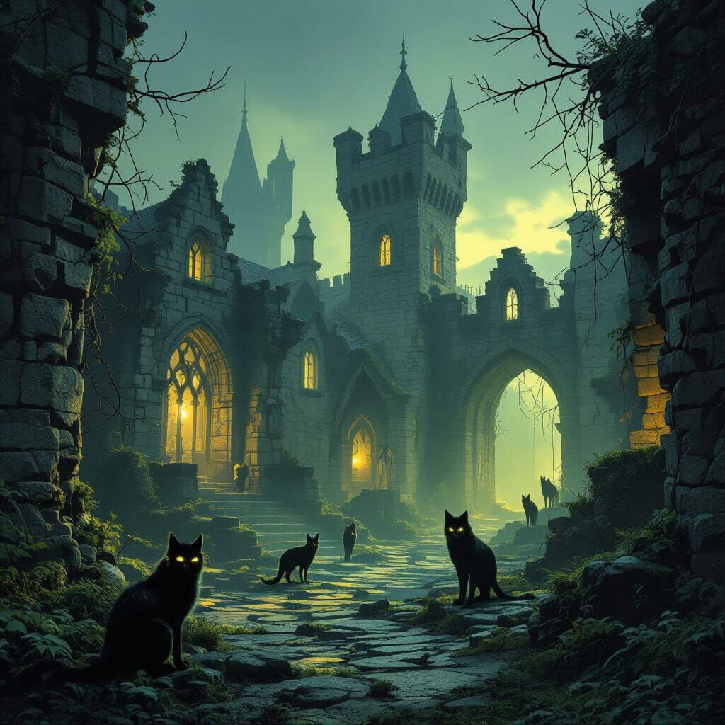 Spooky Castle Ruins with Ethereal Backlighting and Ghostly A...