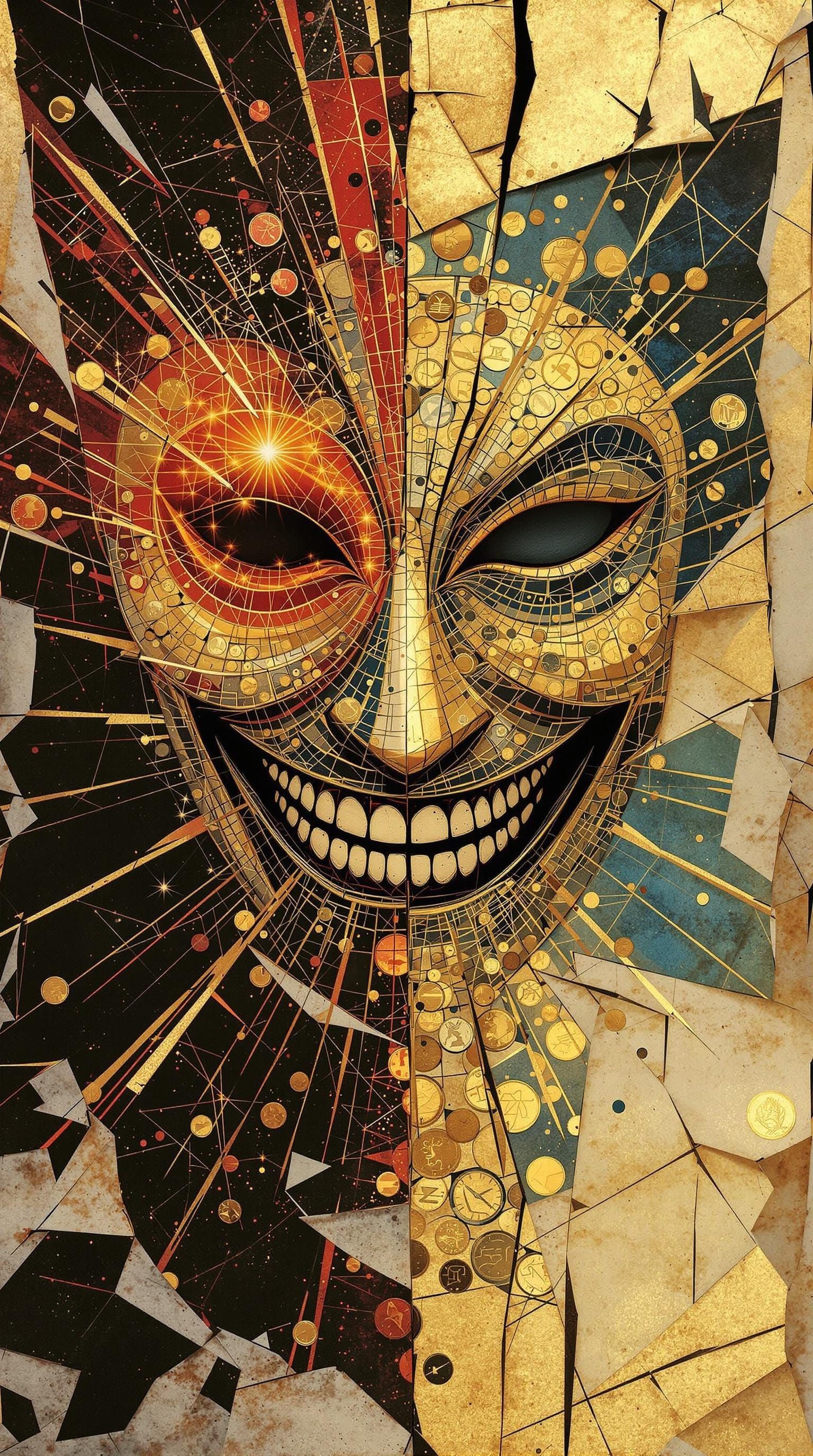 Abstract Trickster Portraits in Tarnished Gold and Parchment