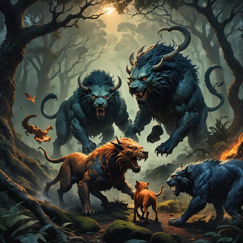 Chimera vs Cerberus: Dark Fantasy Forest Battle