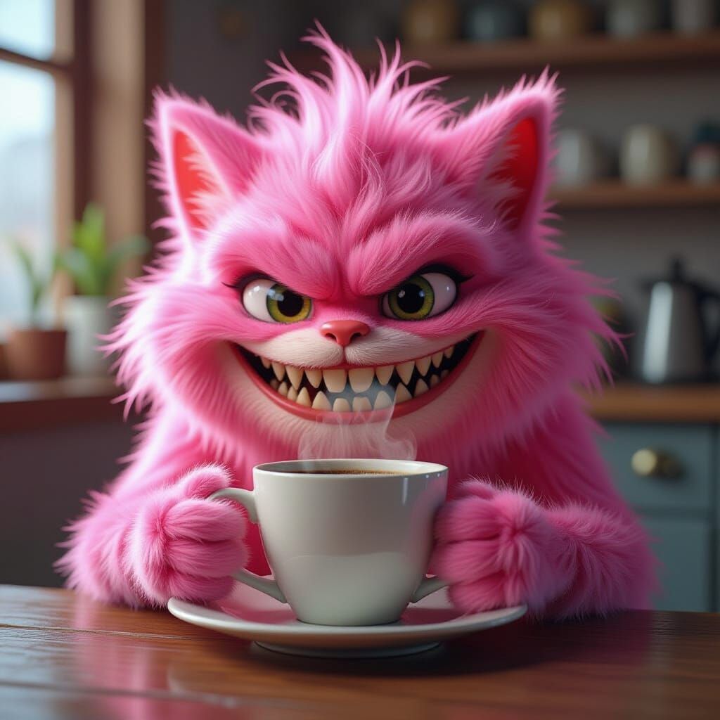 Cute Pink Creature With Coffee, Pixar Style Macro Shot