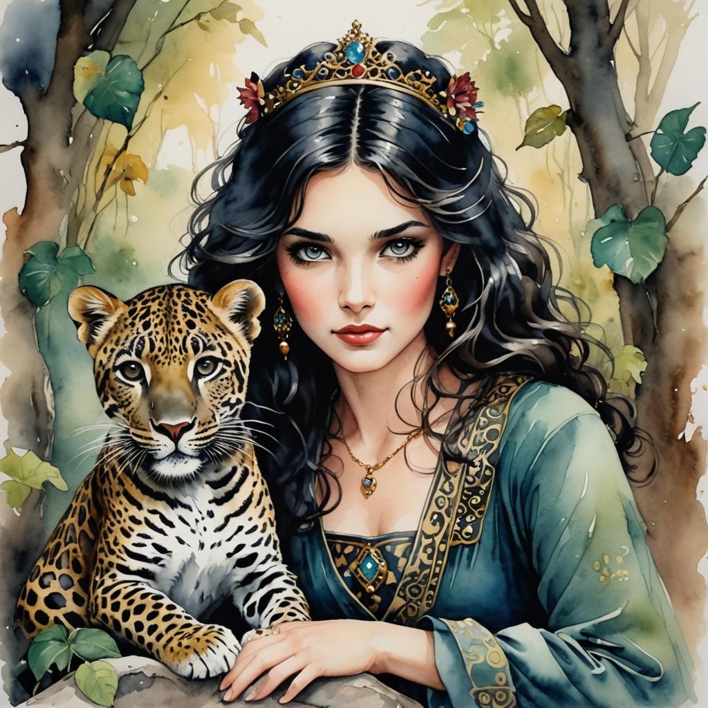 Princess with Leopard in Watercolor and Ink
