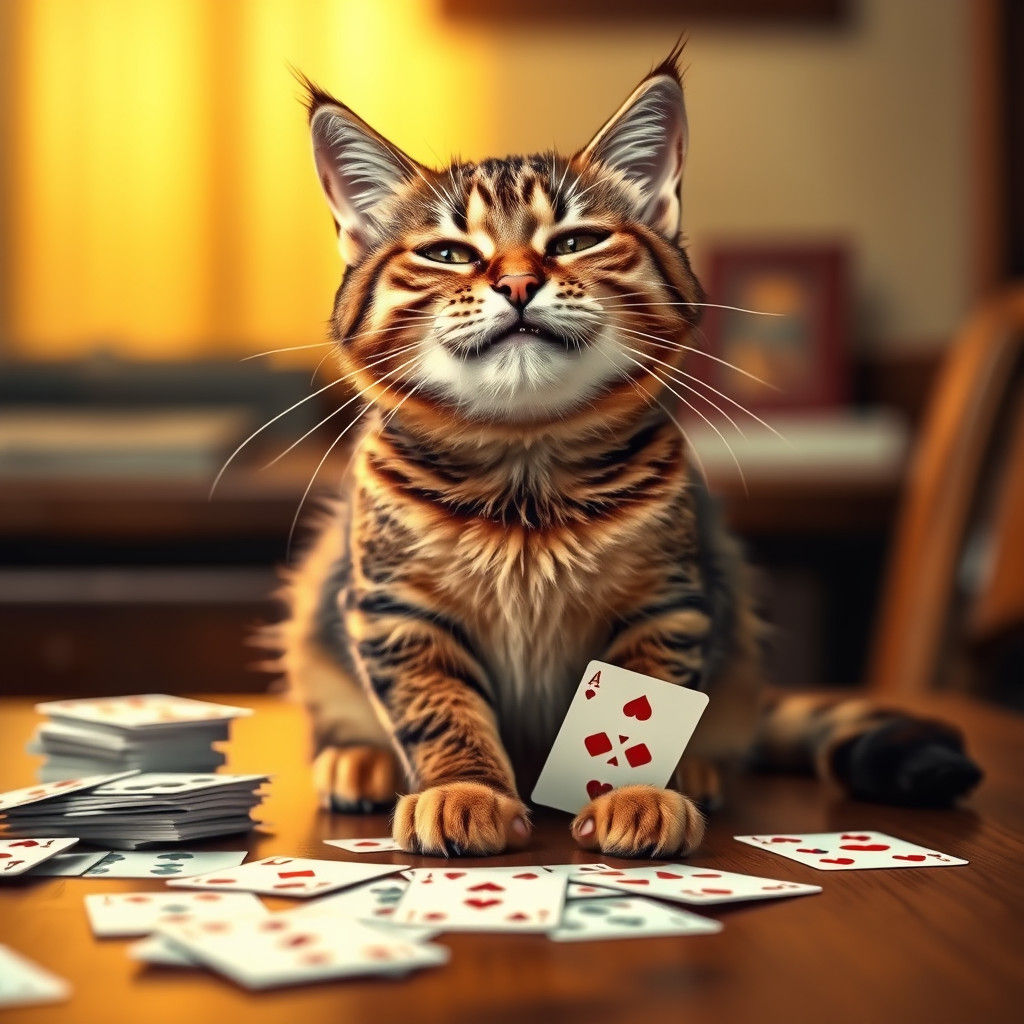 Playful Cat with Cards in Golden Light