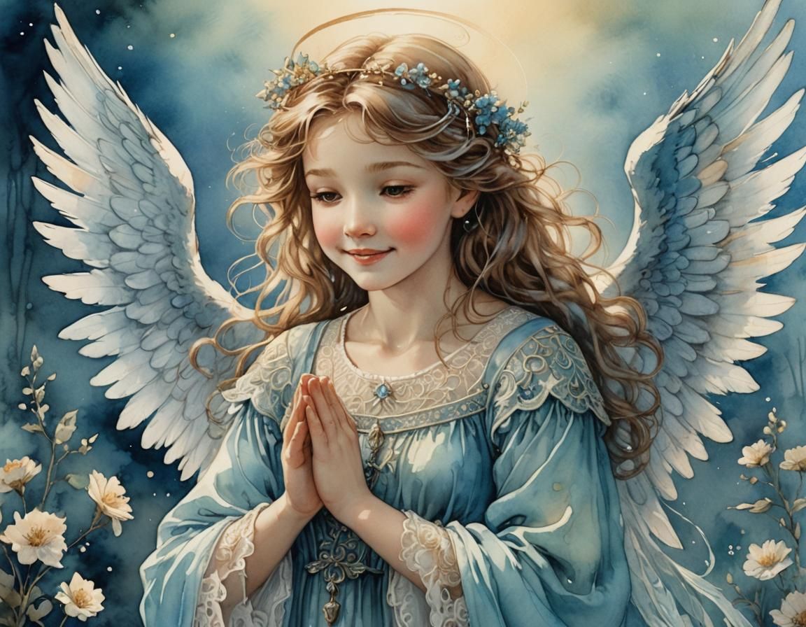Luminous Angel Praying in Rackham Watercolor Style