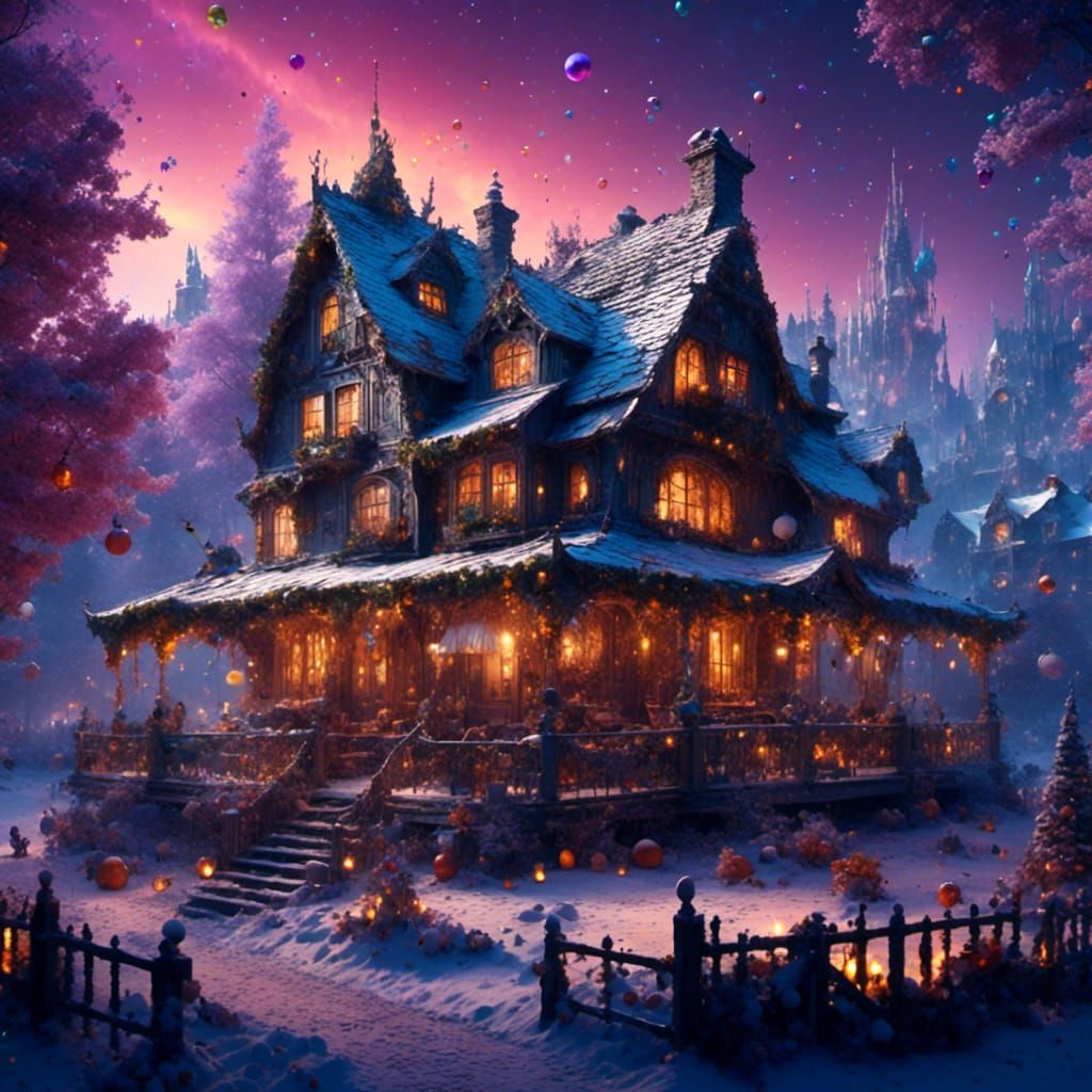 Festive Two-Story House with Animals in Winter