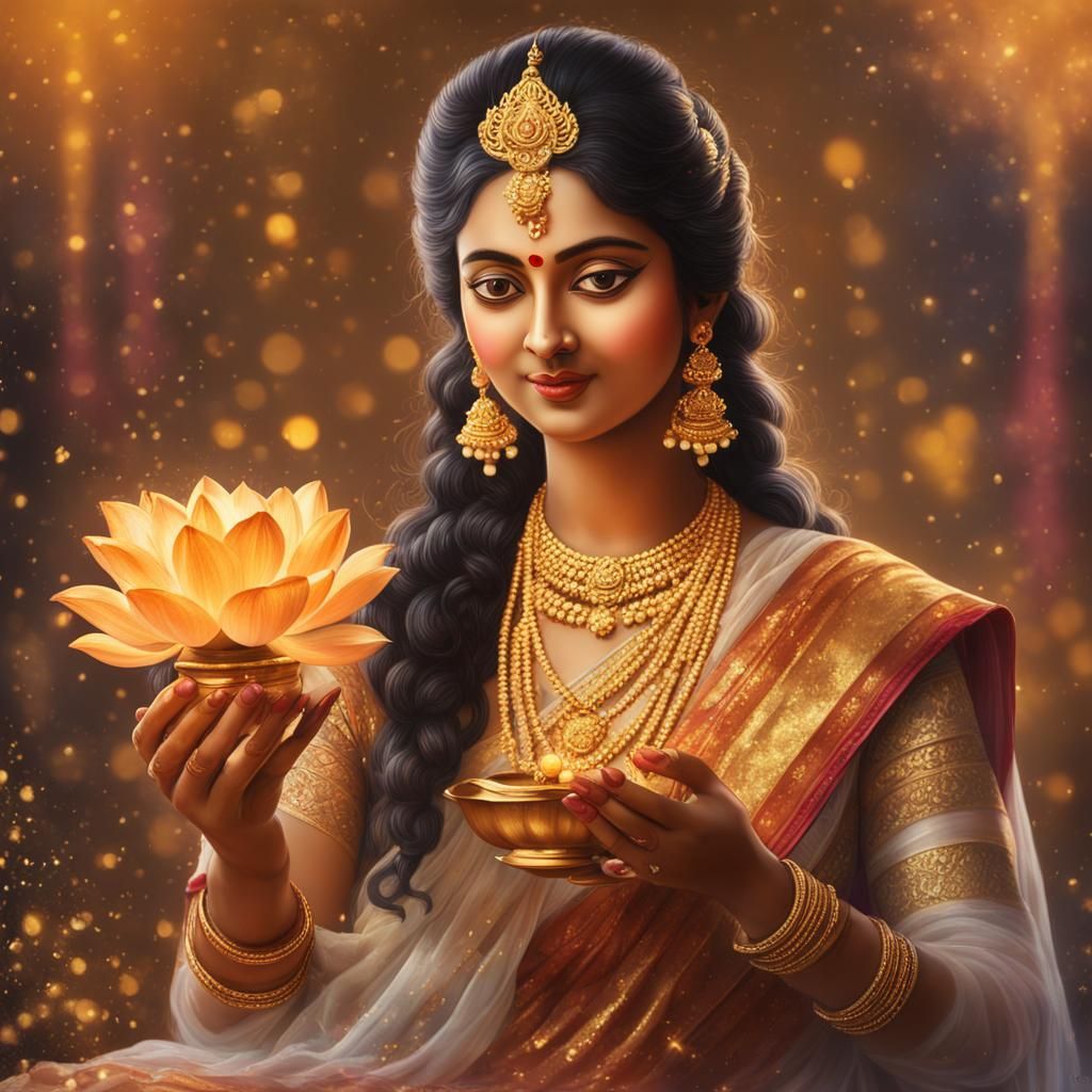 Lakshmi holds a lotus in one hand and a golden bowl in the o...