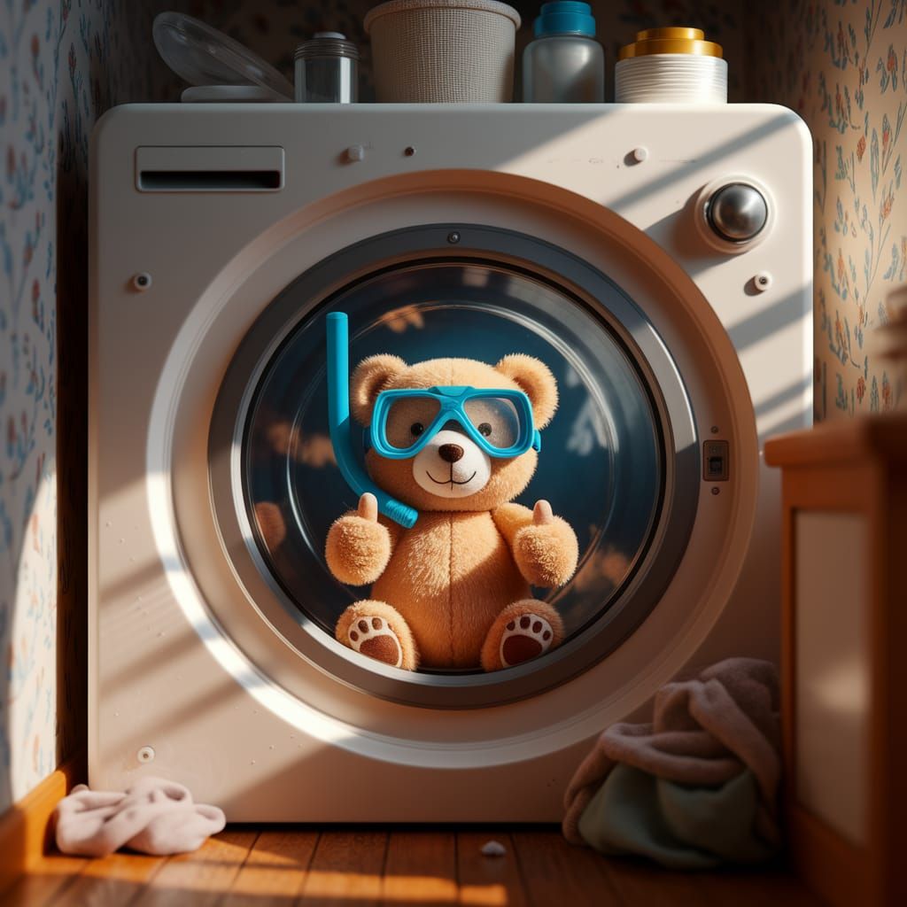 Teddy's Underwater Adventure: Vintage Washing Machine Photo