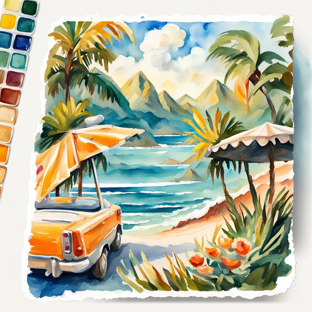 Summer Travel Sticker in Gouache Impressionist Style