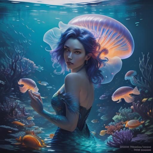 Woman Surrounded by Fish in Aquarium Painting