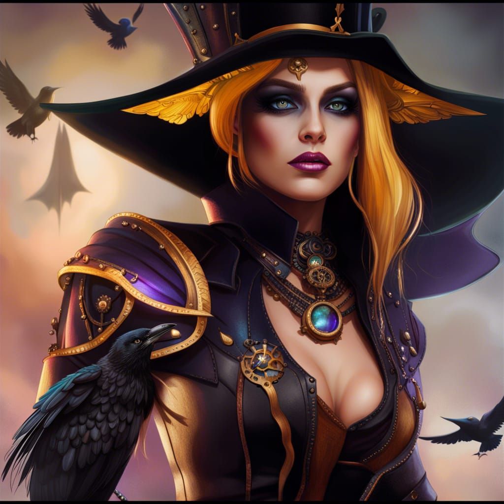 Steampunk Raven Familiar in Hyperrealistic Splash Art