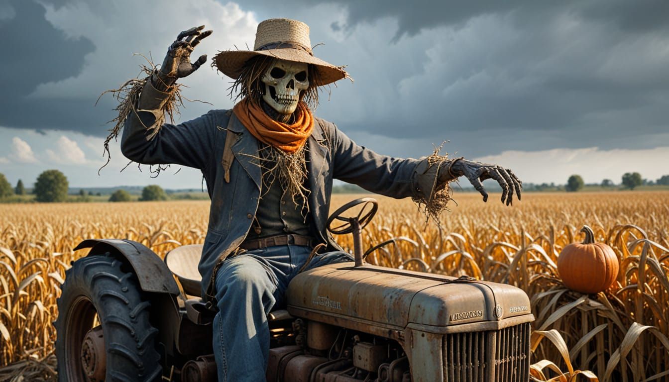 Ominous Scarecrow and Dog Drive Abandoned Tractor