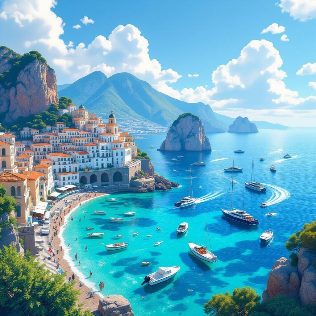 Napoli Coastline with Capri Rocks in Anime Style