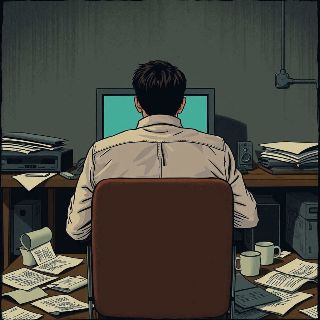 Person Slumped at Computer in Hopper Style