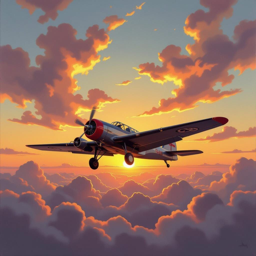 Vintage Airplane Sunset Oil Painting