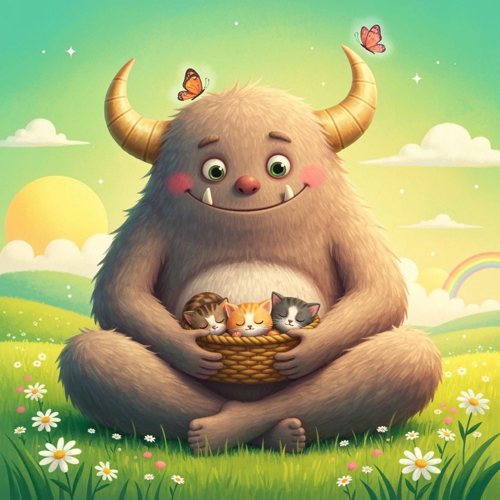 Furry Monster Tends Sleeping Kittens in Sunny Meadow