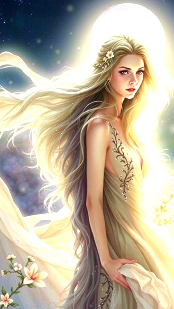 Serene Lunar Goddess in Dreamy Landscape