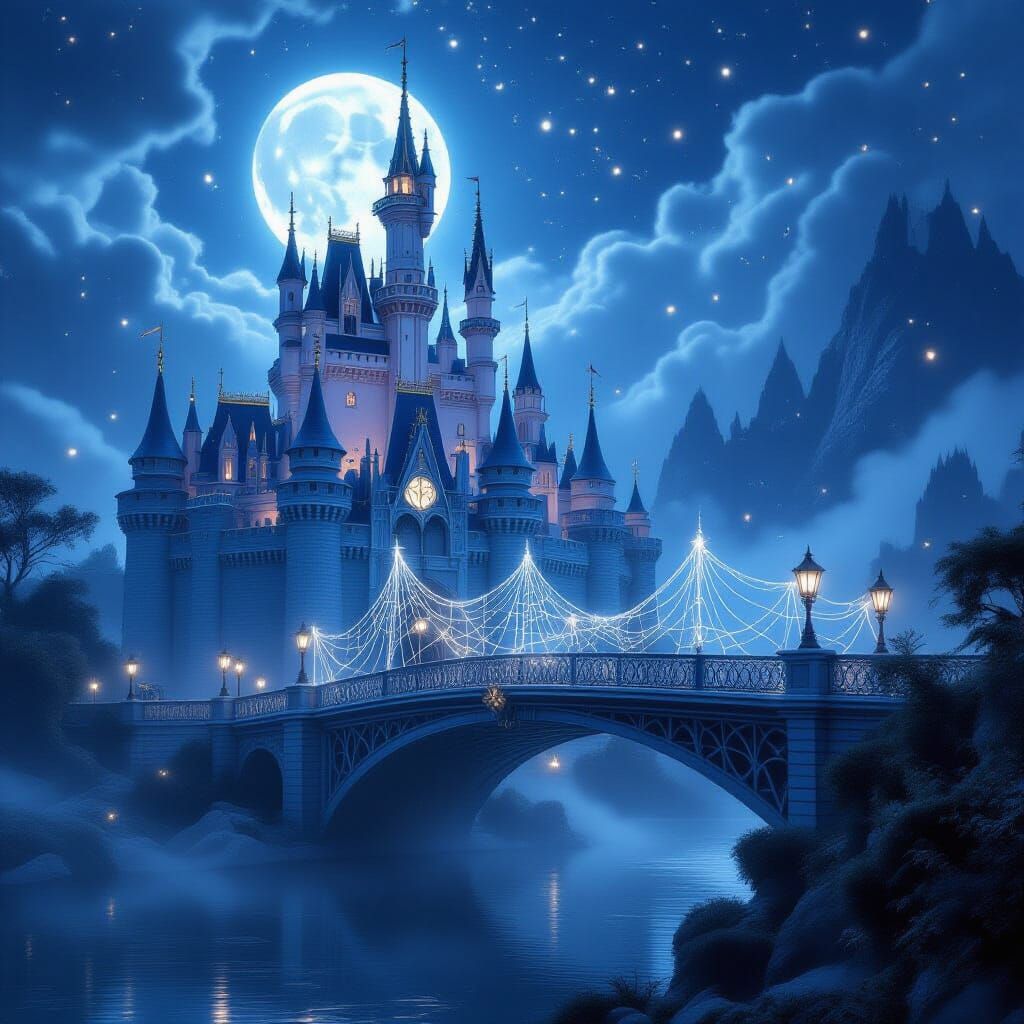 Ethereal Castle and Bridge Woven from Silver Spiderwebs