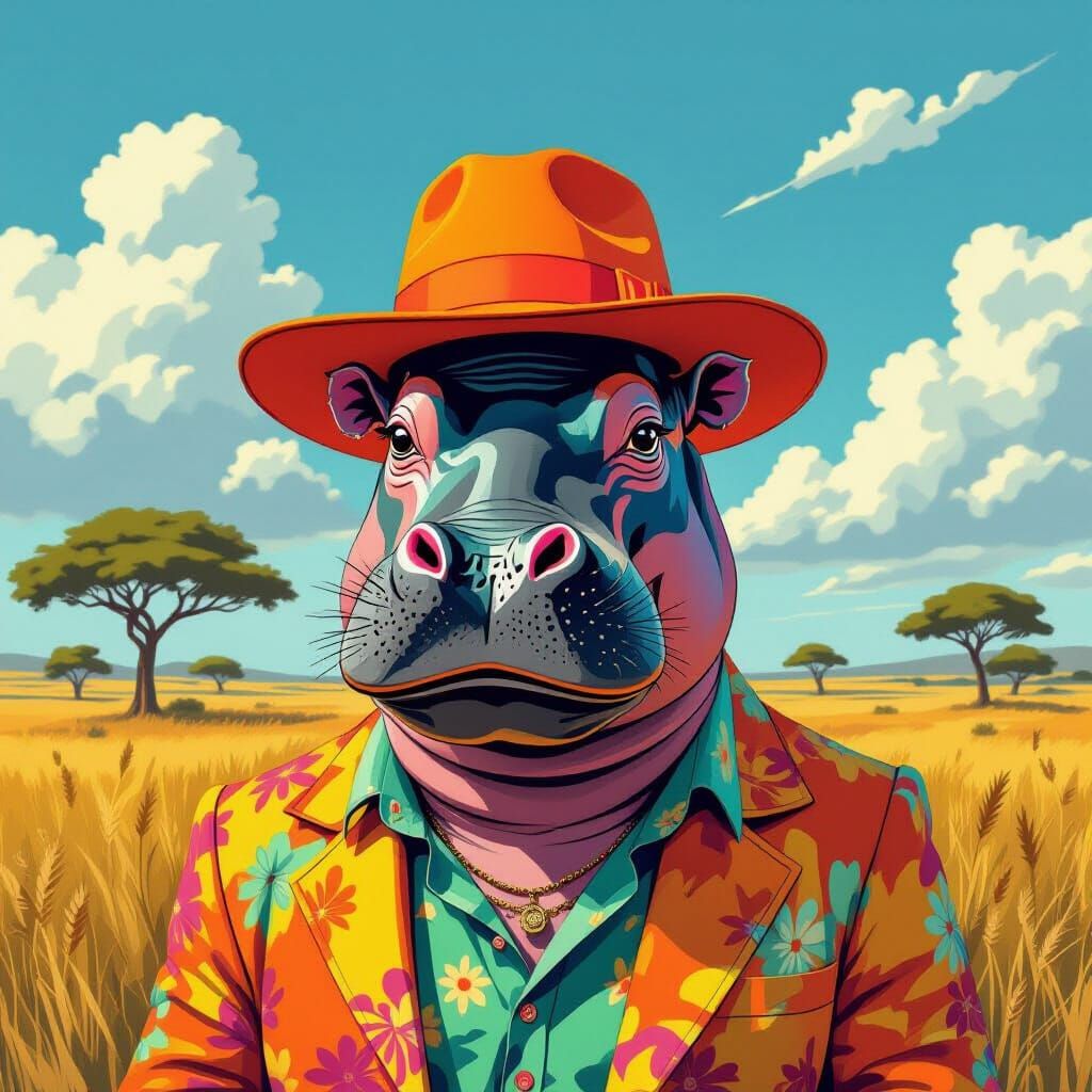 Whimsical Hippo-Man in Vibrant Savannah Style