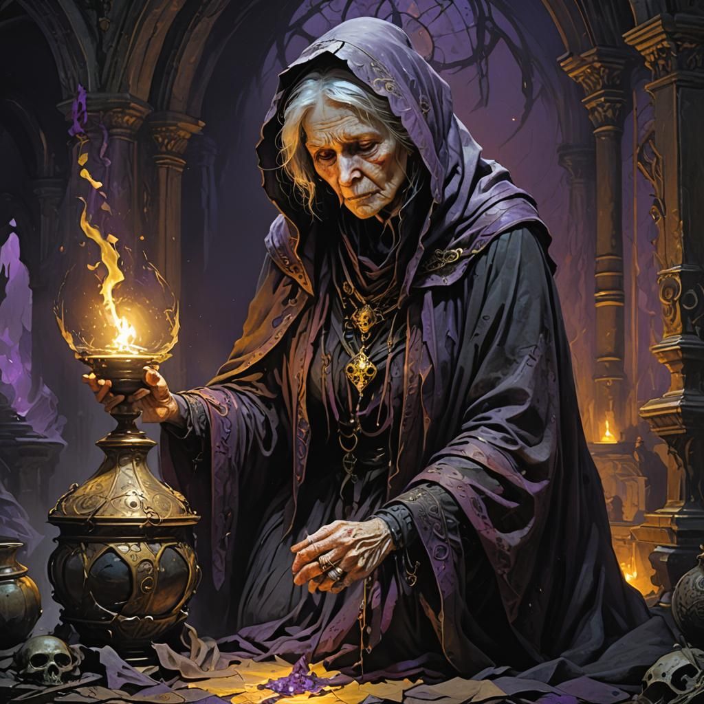 Ominous Dark Fantasy Woman with Ancient Vessel