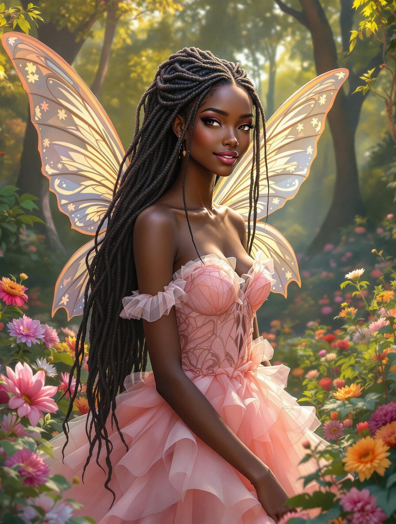 Whimsical Ebony Fairy in a Lush Garden, Inspired by Fantasy ...
