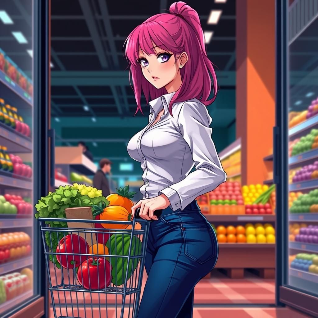 Anime Woman with Pink Hair Shopping for Groceries
