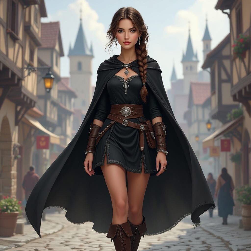 Medieval Fantasy Woman in Black Dress and Silver Accents