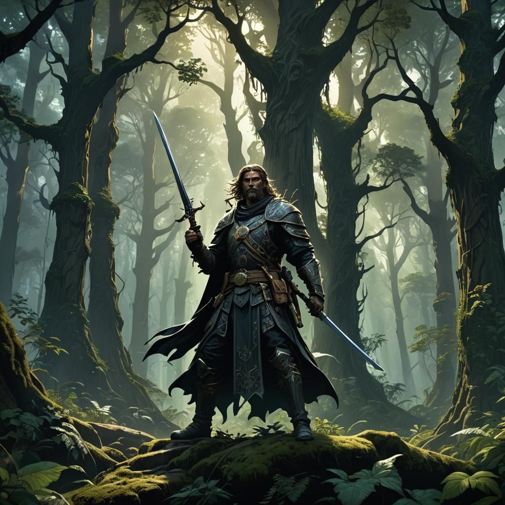 Vigilante in Mystical Forest: Dark Fantasy Concept Art