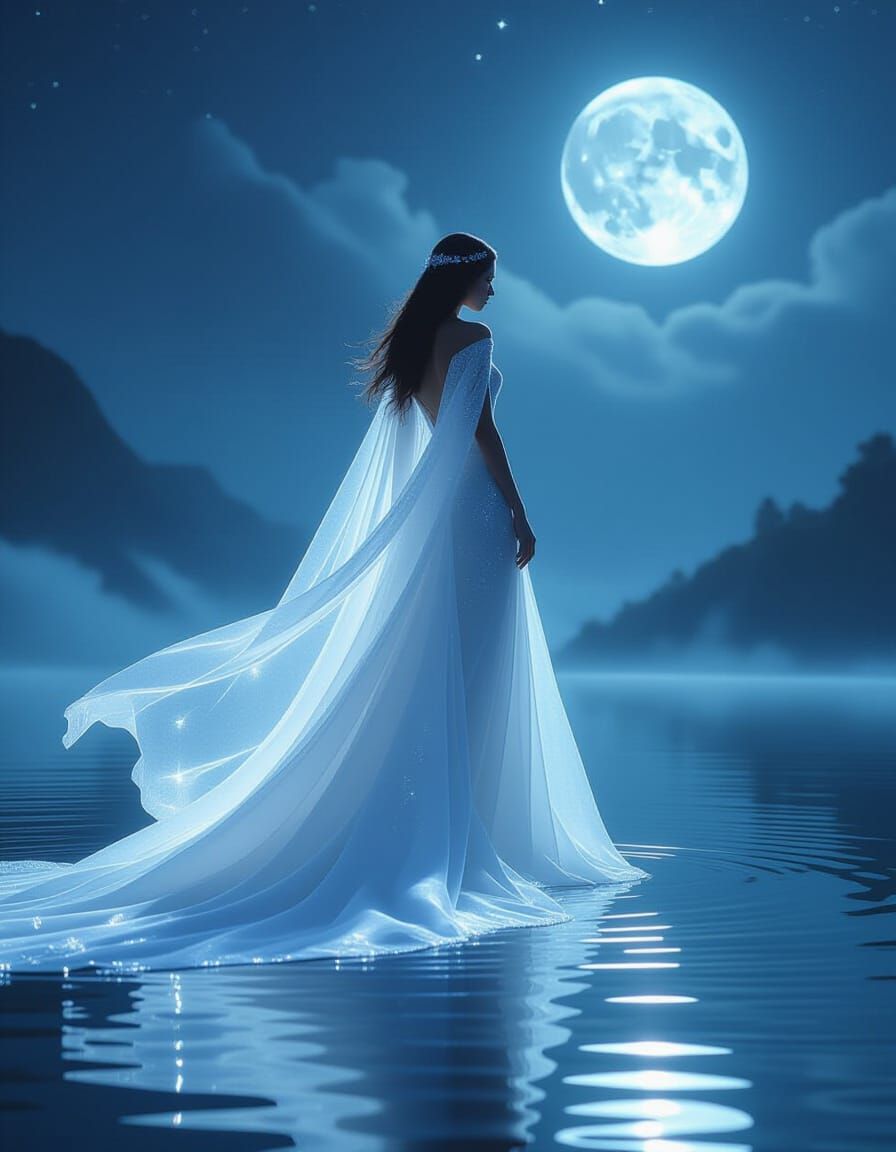 Celestial Being in Moonlight Glass Gown Over Lake