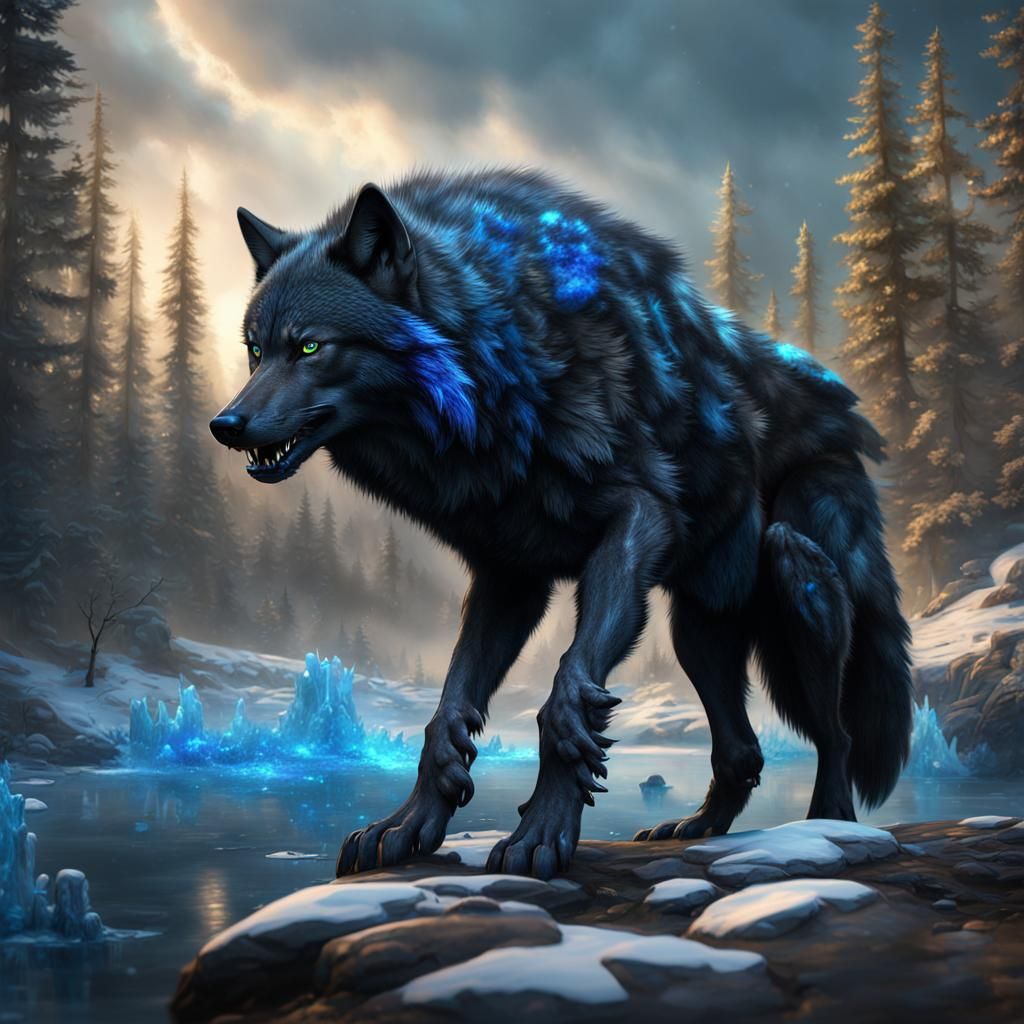 Giant Blue-Patched Black Wolf: Fantasy Concept Art