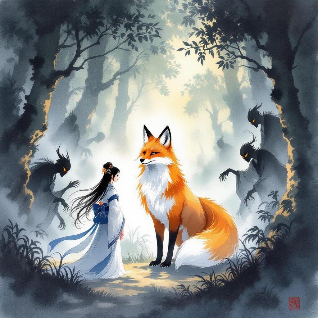 Ancient Fox Spirit Protects Woman in Mystical Forest