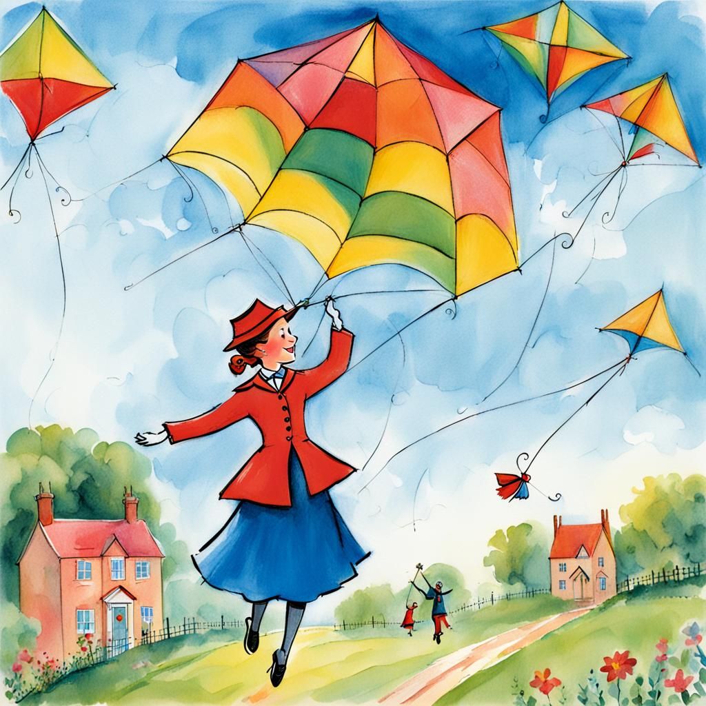 Mary Poppins Flying Kite: Whimsical Illustration