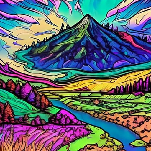 Surreal Fantasy Landscape with Rolling Hills and Glowing Mus...