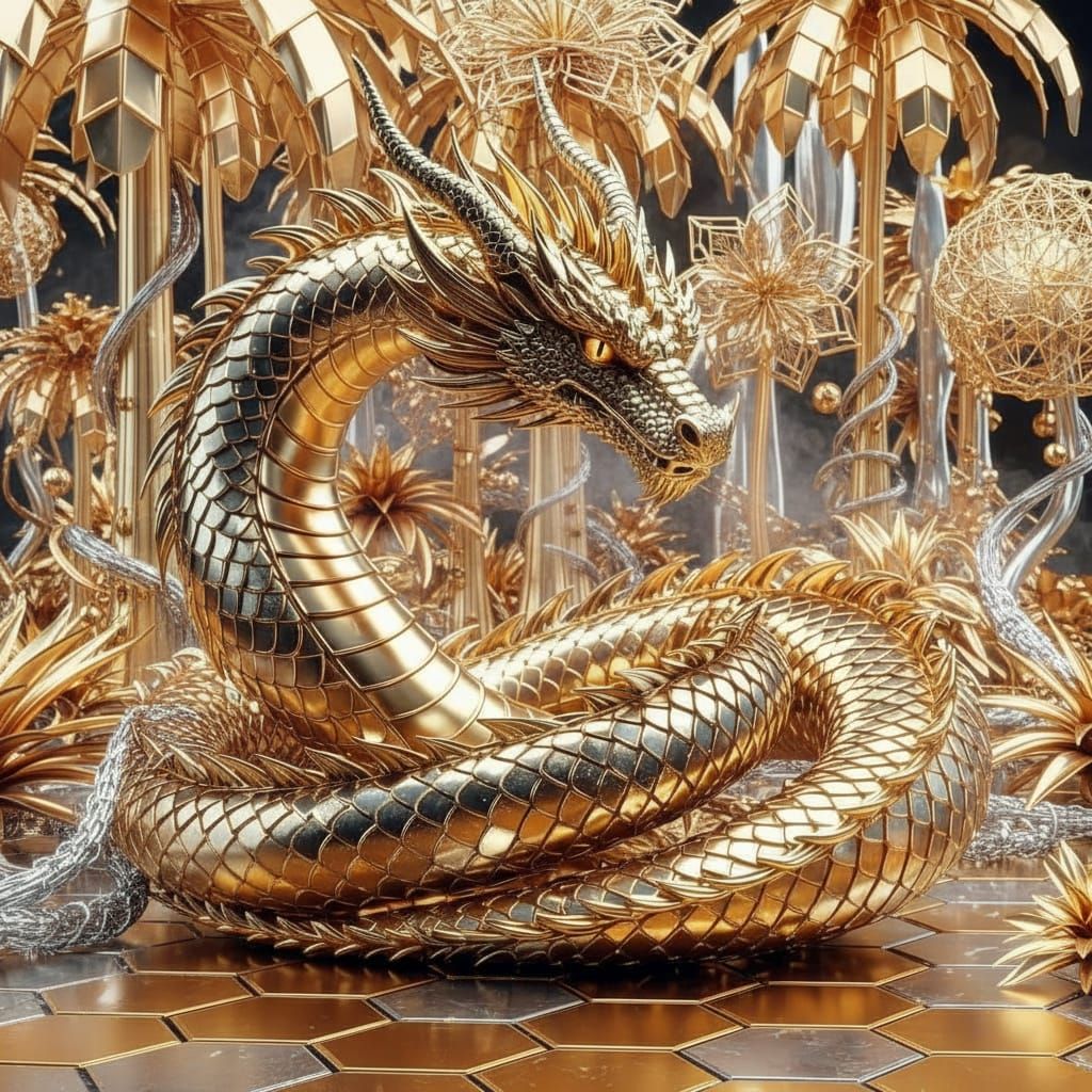 Golden Dragon Coiled Around Diamond in Hyperrealistic Style