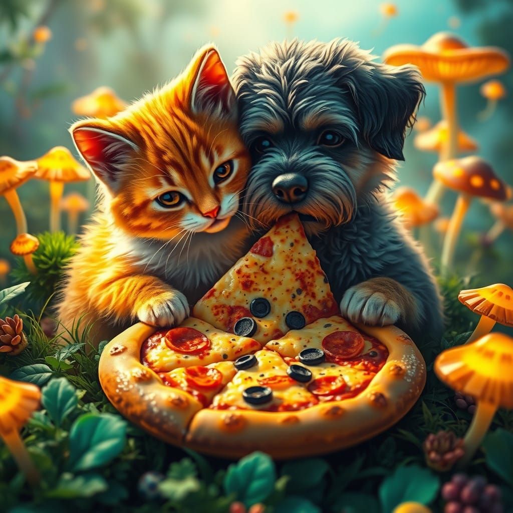 Fantastical Cat and Dog Duo Share a Pizza Feast