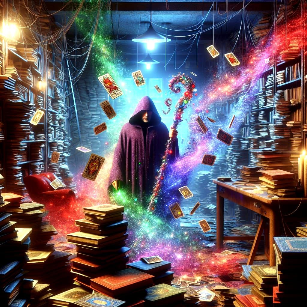 Maximum clutter in a messy stacks of books lying on the floor and tables, disorganized library surrealism, <red blue gre...