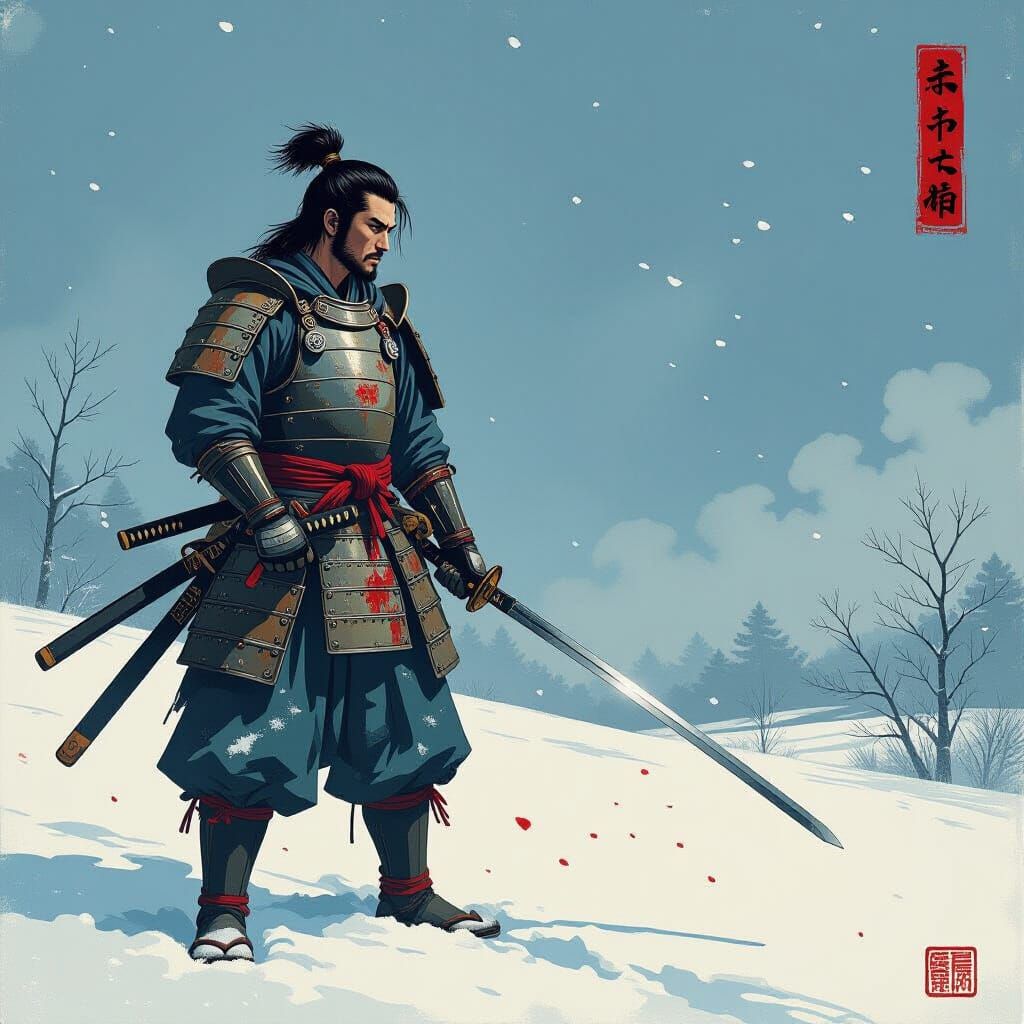 Samurai on Snowy Battlefield in Woodblock Style