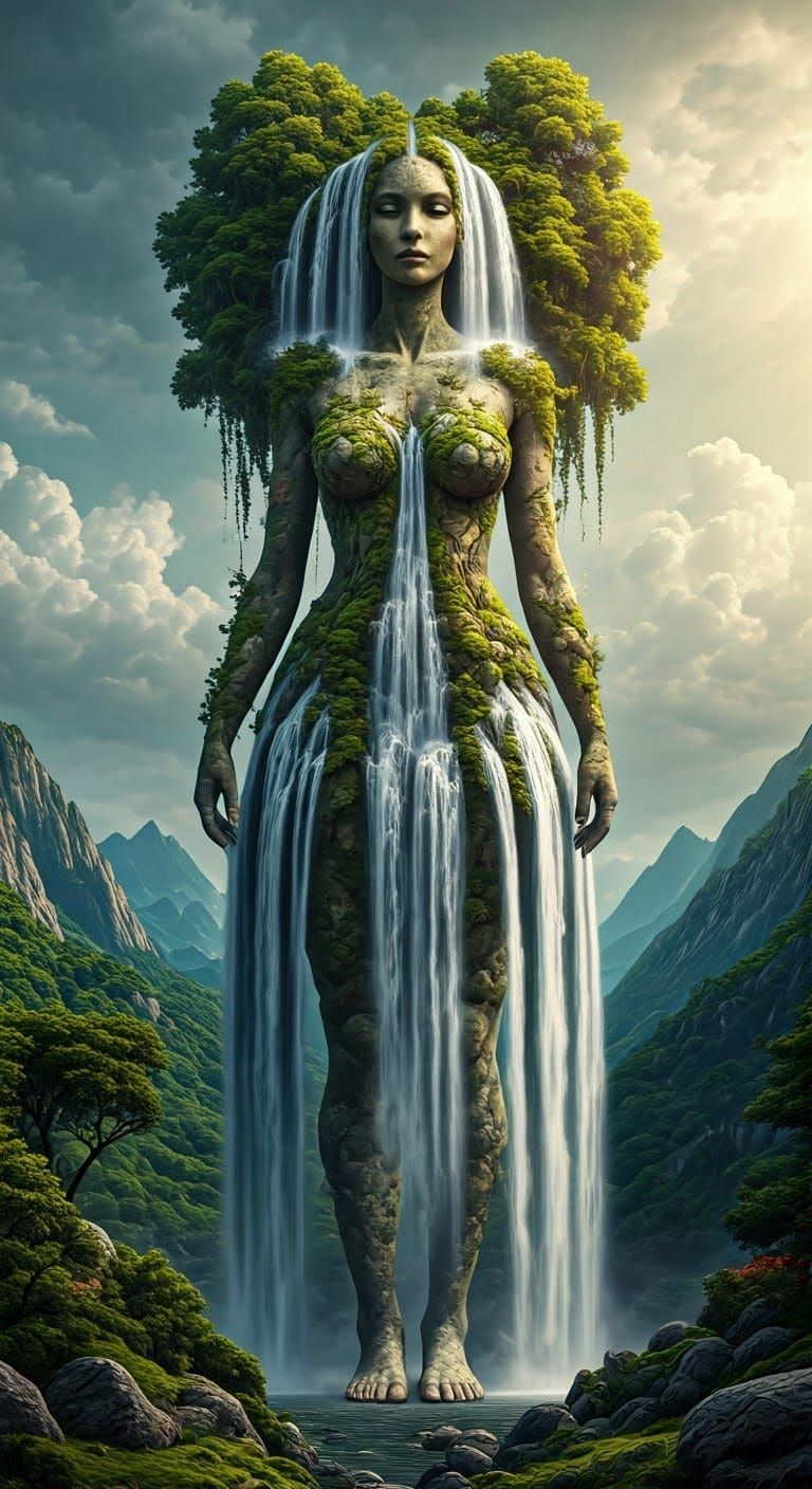 Waterfall Giantess in Photorealistic Style