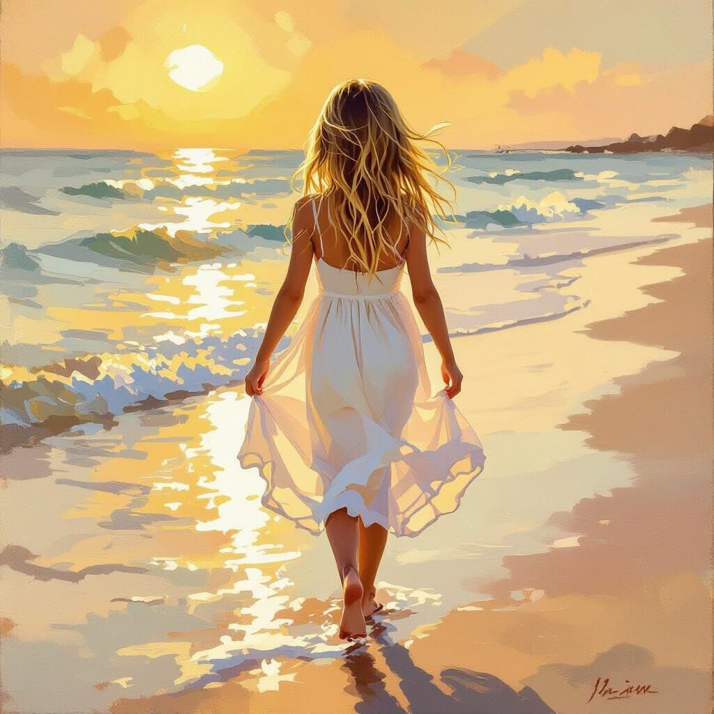 Serene Beach Scene: Girl in Sundress at Golden Hour